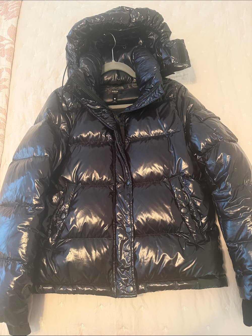 Aqua Glossy Black Hooded Puffer Jacket